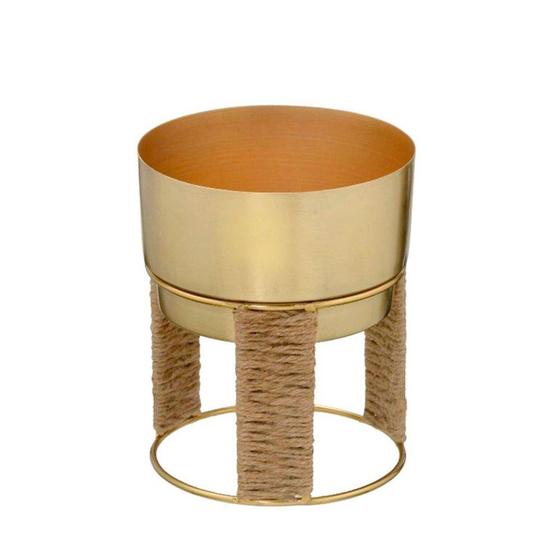 Imagem de Vaso Decorativo Com Suporte Metal Dourado Placa Juta 20x17,5x17,5cm 702004 - Mabruk Presentes