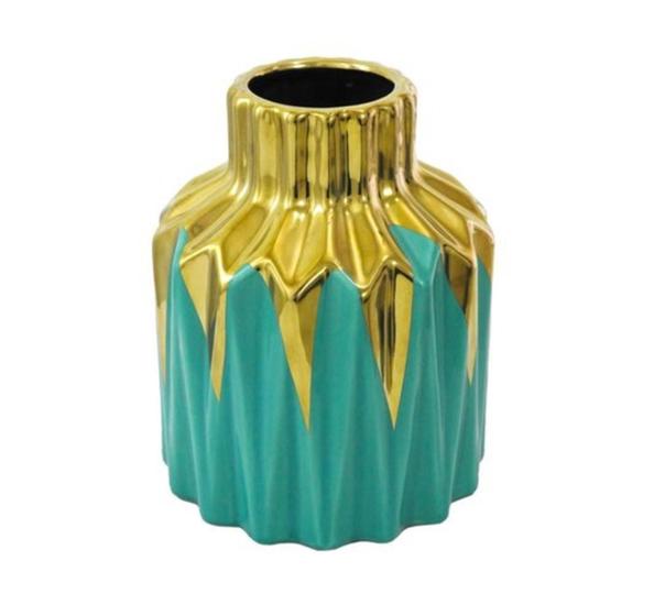 Imagem de Vaso Decorativo Menor Ceramica Verde e Dourado Relevos Luxo