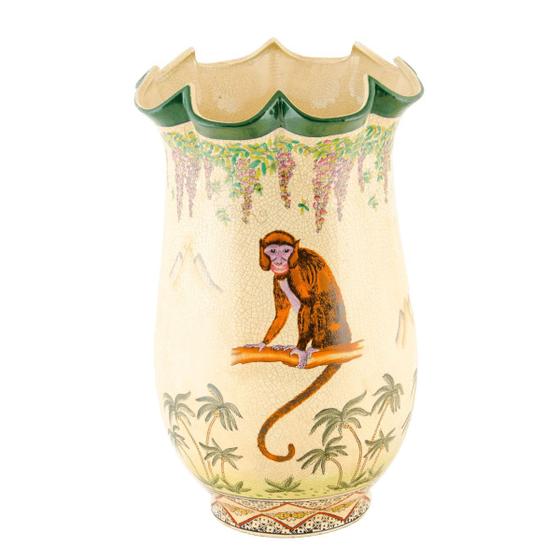 Imagem de Vaso em cerâmica Craquelê, com pintura de macacos, coqueiros e flores (23 x 23 x 38 cm)