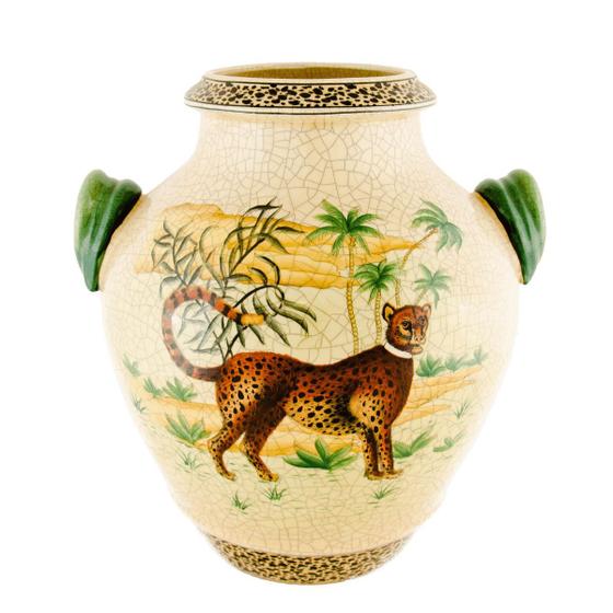 Imagem de Vaso em cerâmica Craquelê, com pintura de um guepardo ou cheetah (36 x 31 x 37 cm)