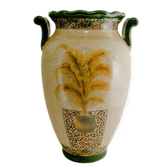 Imagem de Vaso em cerâmica Craquelê, fundo claro com pintura de palmeira amarela