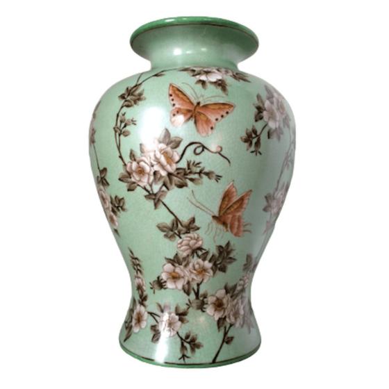 Imagem de Vaso em Porcelana Craquelê Verde Água com Borboletas e Flores