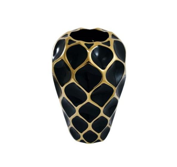 Imagem de Vaso Menor Ceramica Preto Detalhe Dourado 28x18cm Luxo