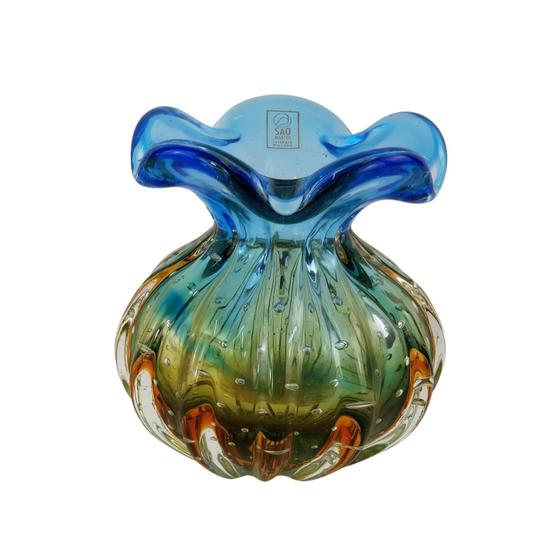 Imagem de Vaso Murano Trouxinha Mini Azul com Âmbar Cristais São Marcos