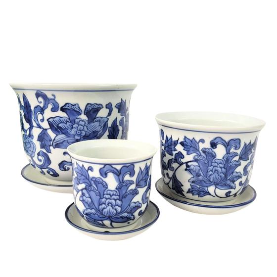 Imagem de Vaso ul E Branco 10/15/20Cm Floral Porcelana Kit 3Pc