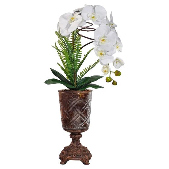 Imagem de Vaso Vidro Pedestal Resina Marrom Arranjo De Orquídea Branca