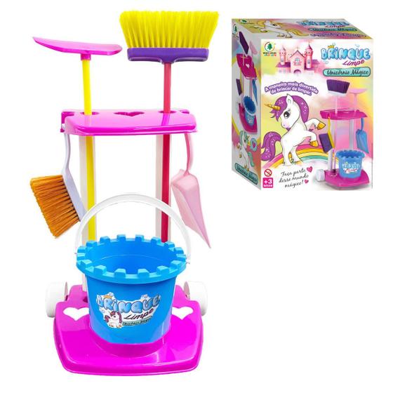 Imagem de Vassoura Infantil Kit Brinquedo Menina Mini Vassourinha Rodo Pá Com Carrinho