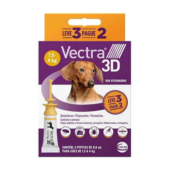 Imagem de Vectra 3D Ceva Antipulgas e Carrapaticida 0,8ml para Cães de 1,5 a 4kg 3 Pipetas