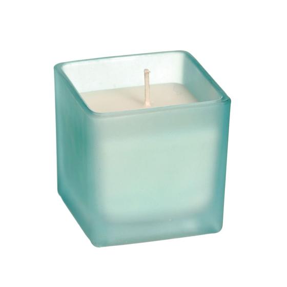 Imagem de Vela em Copo de Vidro Quadrado Azul Teal com Aroma Vanilla. Vela Branca com 1% de Aroma Vanilla - 1 Un - Cromus: 1691920