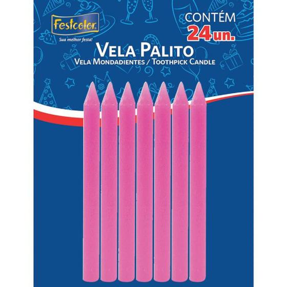 Imagem de Vela para aniversario palito rosa c/24 unidades festcolor