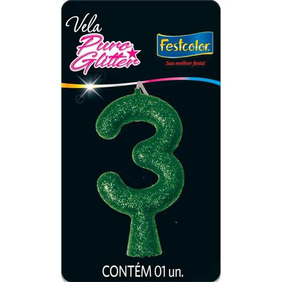 Imagem de Vela Puro Glitter Verde Nº3 Festcolor