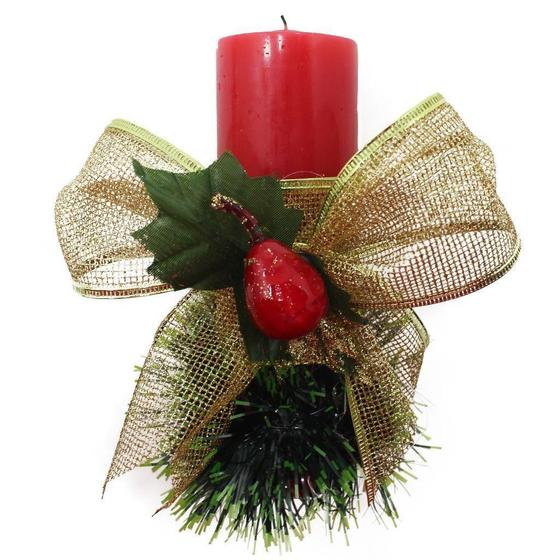 Imagem de Vela Vermelha Decorativa Para Natal Com Laço Dourado E Fruta
