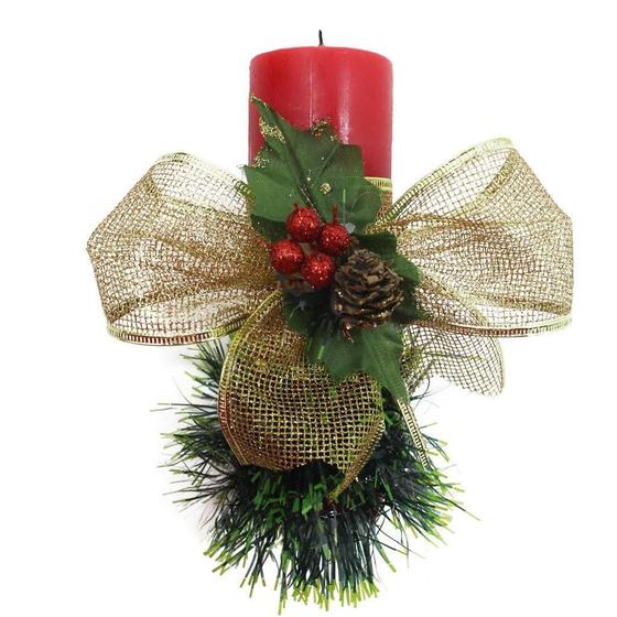 Imagem de Vela Vermelha Natalina Decorativa Para Natal Com Laço Dourad