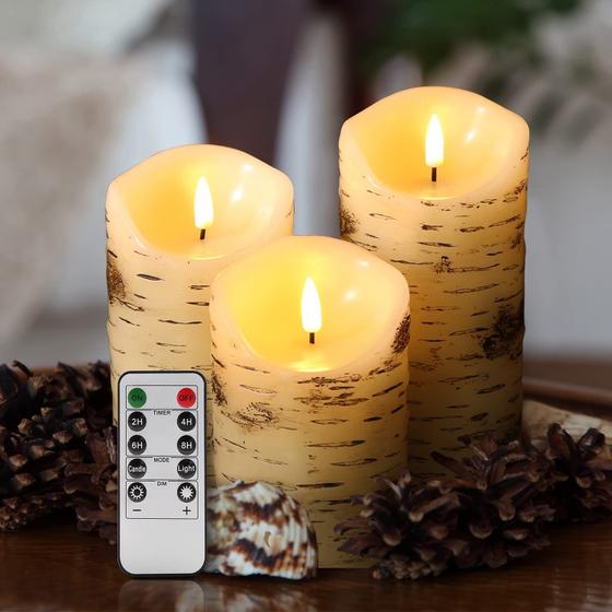 Imagem de Velas de pilar sem chama Eywamage Birch Bark com conjunto remoto 3