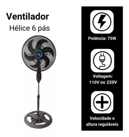 Imagem de Ventilador chão alto e potente preto com 6 pás de plastico, 48 cm de diâmetro 60 Hz 127 V - Solaris