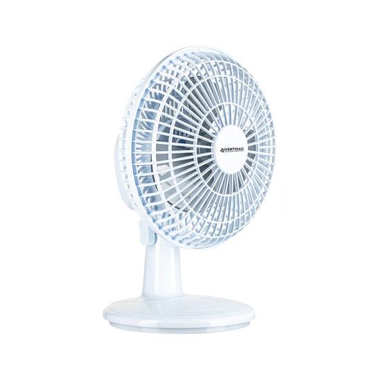 Ventilador de mesa Ventimais visto de um ângulo lateral levemente inclinado para a direita