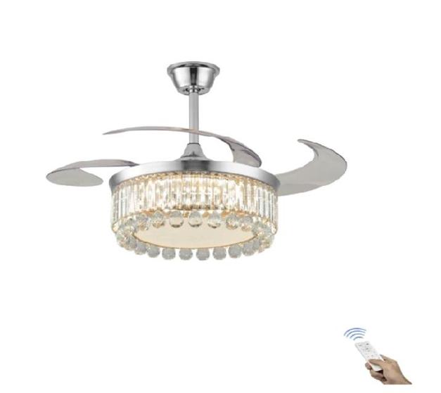 Imagem de Ventilador Teto Retrátil Lustre Cristal Led Prata Controle Remoto