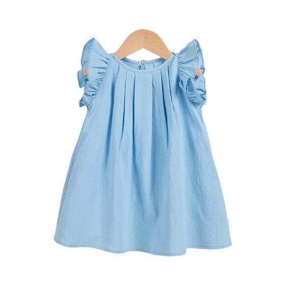 Imagem de Verão Infantil Meninas Coreano Vestidos Casuais 0-5y Sólido Bonito Doce Pouco Voando Vestido Sem