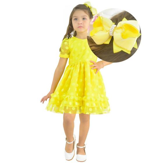 Imagem de Vestido Amarelo Infantil Tule Poá Luxo + Laço Cabelo