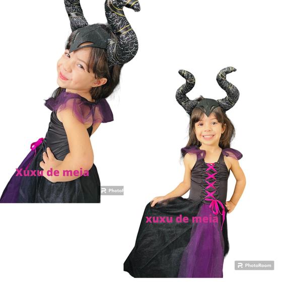 Imagem de Vestido Bruxa Infantil Lindo Fantasia malevola vestido e tiara Halloween