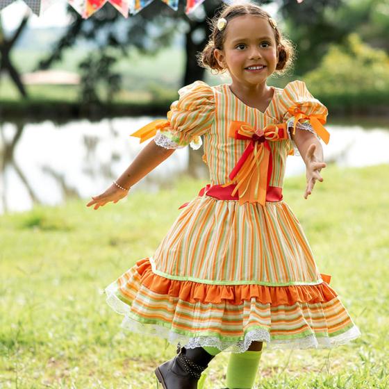 Imagem de Vestido caipira festa junina infantil luxo laranja