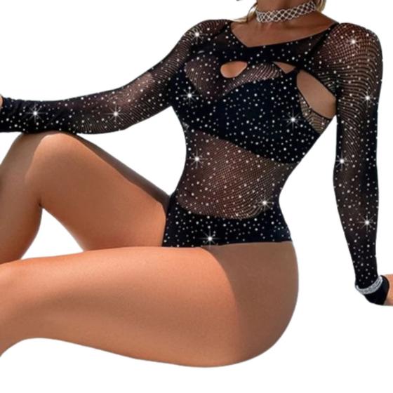 Imagem de Vestido Camisola Sobreposição Arrastão Bodystocking