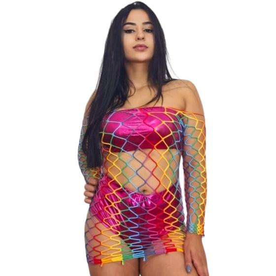 Imagem de Vestido Carnaval Arrastão Colorido Bloquinho Arco Iris Look Manga Longa