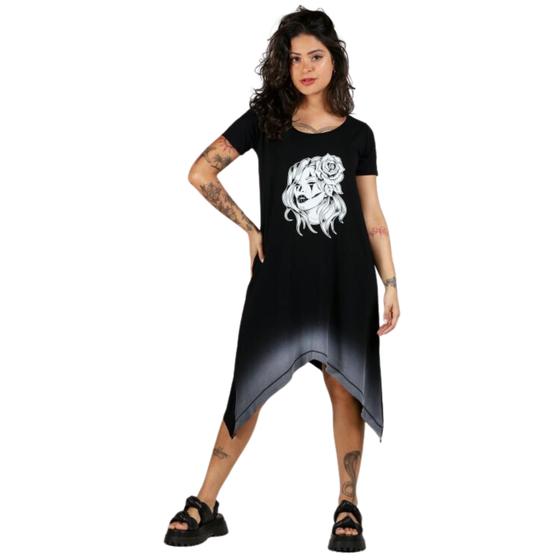 Imagem de Vestido Caveira Estampado Midi Assimetrico Rock Feminino