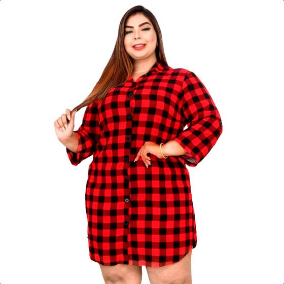 Imagem de Vestido Chamise Plus Size Feminino Camisão Xadrez Botões 