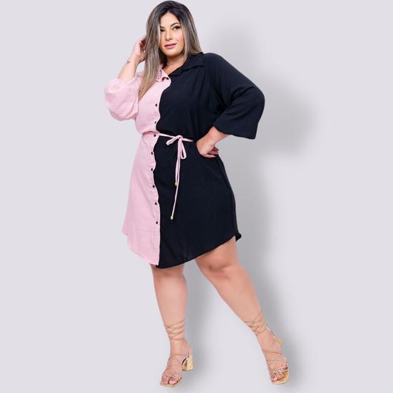 Imagem de Vestido Chemise Feminino Plus Size Com Botões Bicolor 0234