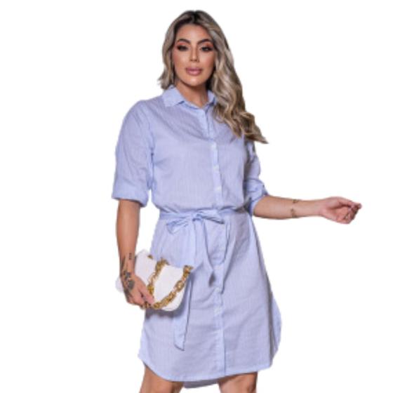 Imagem de Vestido Chemise Feminino Risca de Giz Midi Manga Curta Botões Frente Social Tecido Casual VL0611