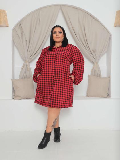 Imagem de Vestido Chemise Plus Size Manga Longa Princesa E Bolso Xadre