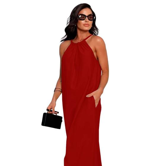 Imagem de Vestido Costas Nuas Básico Elegante Soltinho Fenda Lateral Casual Longo Único Canelado