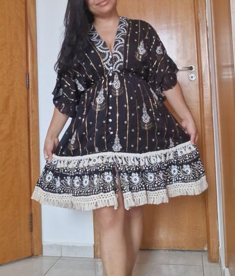 Imagem de Vestido Curto Feminino Boho Estampado Étnico com Renda e Mangas 3/4