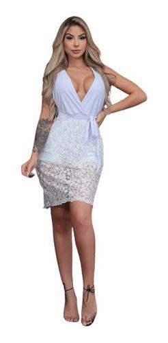 Imagem de Vestido Curto Feminino Branco Sexy com Renda Decotado Colado Ano Novo Reveillon Ensaio Pré Casamento Wedding