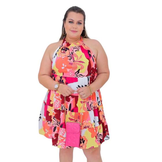 Imagem de Vestido curto feminino floral decote halter frente unica de amarração no pescoço com bojo e forro estampado flores viscose slim plus size 40 ao 54
