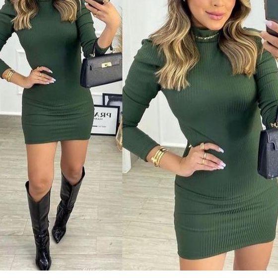 Imagem de Vestido curto gola alta manga longa bufante canelado feminino blogueira