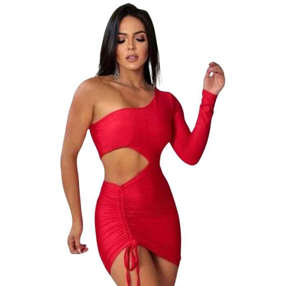 Imagem de Vestido Curto Mula Manca Ombro Único Manga Longa Sexy Festa