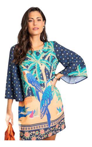 Imagem de Vestido Curto Tropical Crepe Marinho Com Estampa Exclusiva