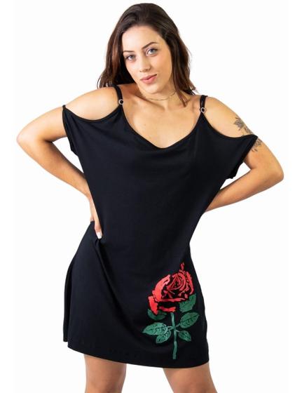 Imagem de Vestido De Alça Morcego Estampa De Rosa Cor Preta Feminino