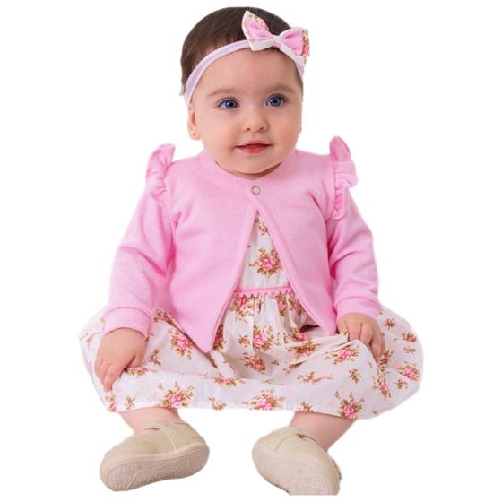 Imagem de Vestido de bebê menina com bolero e tiara 100% algodão - manuela