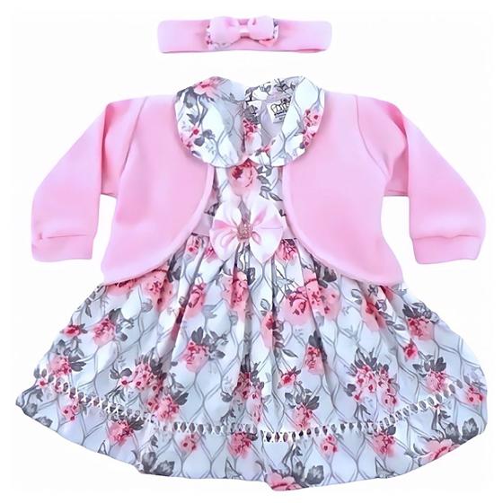 Imagem de Vestido de Bebê menina infantil 3 peças com bolero e tiara 100% algodão - Mundo Nina Kids - Imperial Rosa