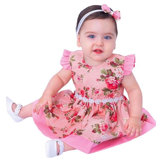 Vestido de Bebê Menina Infantil com Tiara 100% Algodão Mundo