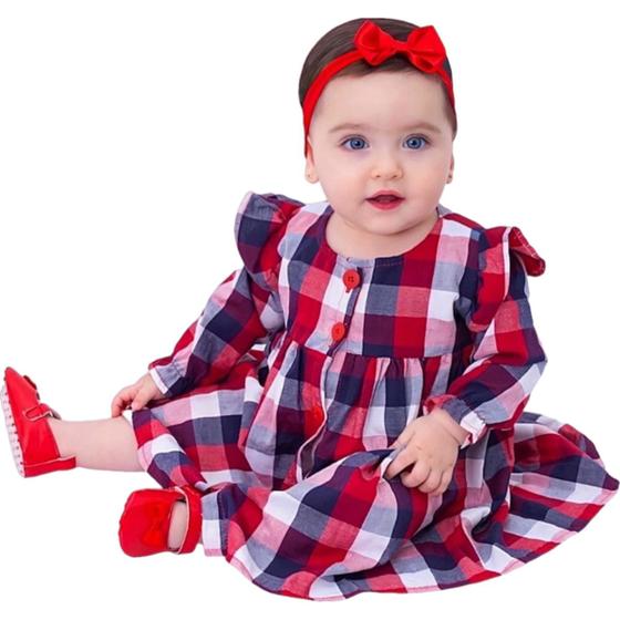 Imagem de Vestido de Bebê Menina Manga Longa Xadrez Vermelho com Tiara 100% Algodão Cecilia