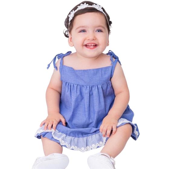 Imagem de Vestido de Bebê Roupa Menina Infantil Com Calcinha e Tiara - 100% Algodão - Mundo Nina - Jeans Novo