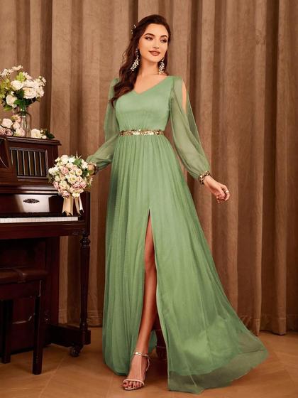 Imagem de Vestido de Dama de Honra Elegante com Decote V, Apliques e Fenda - Mgiacy