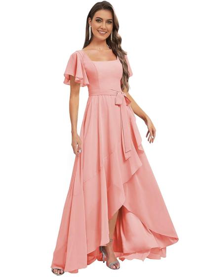 Imagem de Vestido de Dama de Honra Monvelli - Manga Bufante em Chiffon Coral 2024