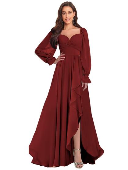 Imagem de Vestido de dama de honra VCCICANY Burgundy Chiffon de manga comprida tamanho 14