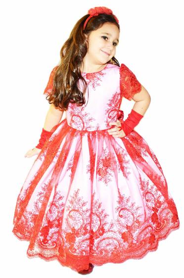 Imagem de Vestido de dama formatura florista  curto todo renda vermelho e branco + luva