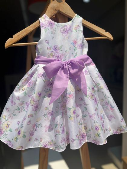 Imagem de Vestido de Festa Amor Perfeito e Borboletas com Laços Lilas e tecido com brilho